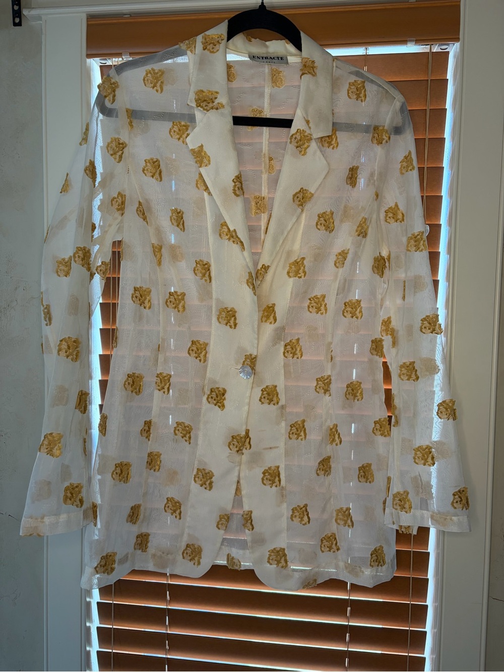 Vintage Sheer White Button-Down Blazer with Gold Floral Appliqué